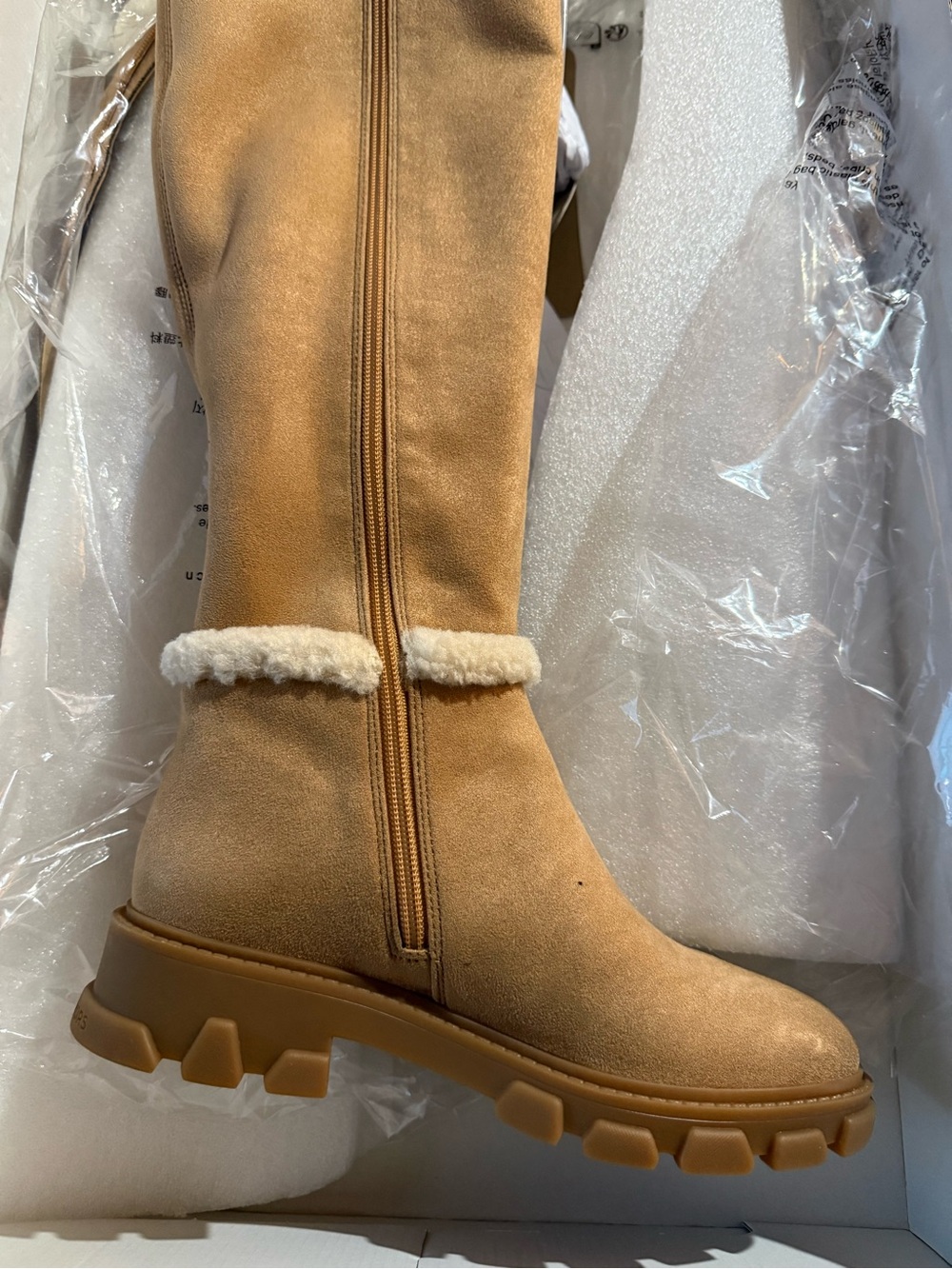 Michael Kors Tan Suede-Style Over-the-Knee Lug Sole Boots with Shearling Trim